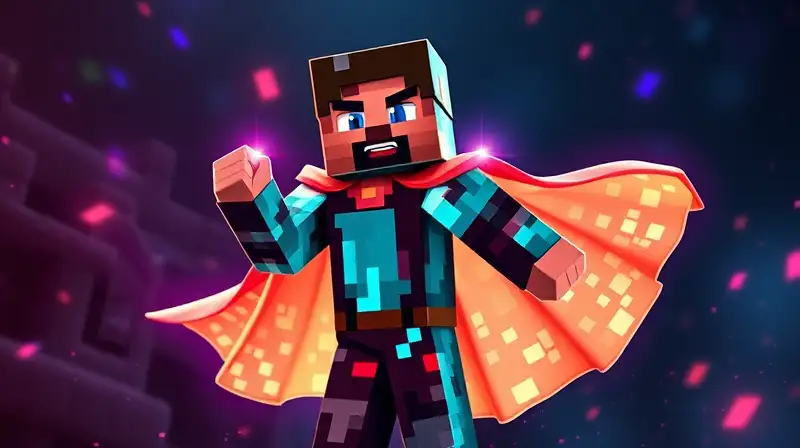 Personaje de Minecraft con capa mágica brillante