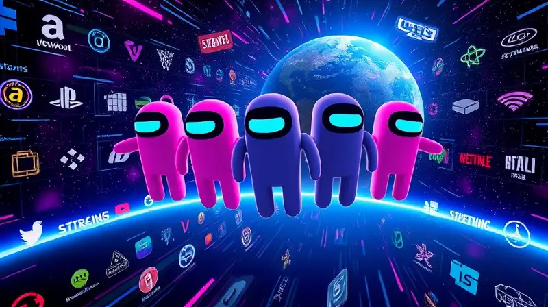 Personajes de Among Us flotan entre logos
