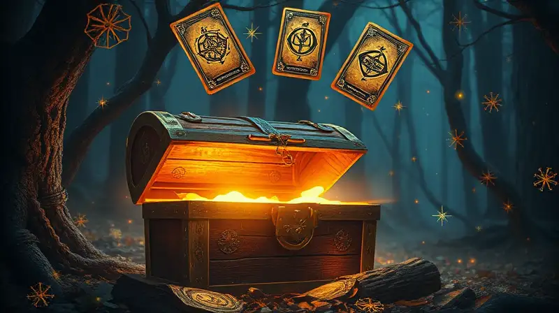 Cofre mágico brillante con cartas legendarias