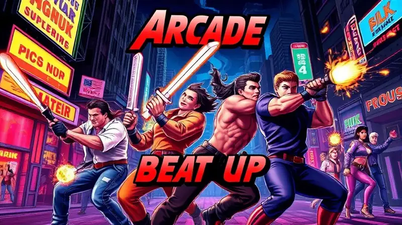 Portada arcade con acción retro y neón