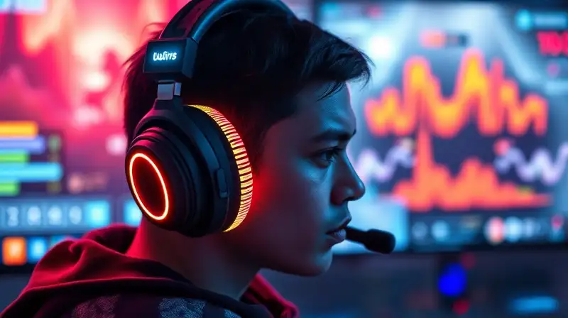 Auriculares vibrantes y pantalla de Valorant futurista