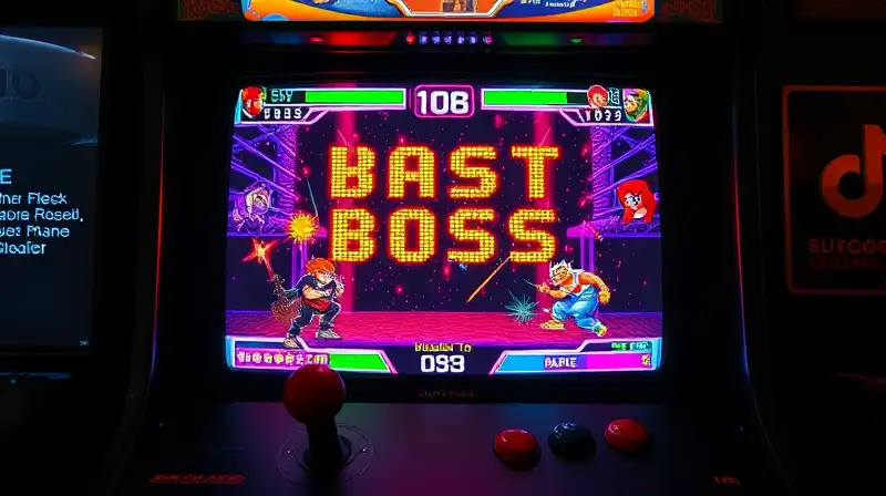 Arcade retro con jefe pixelado y luces