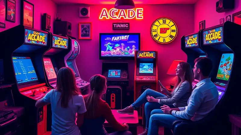 Amigos juegan juntos en arcade retro