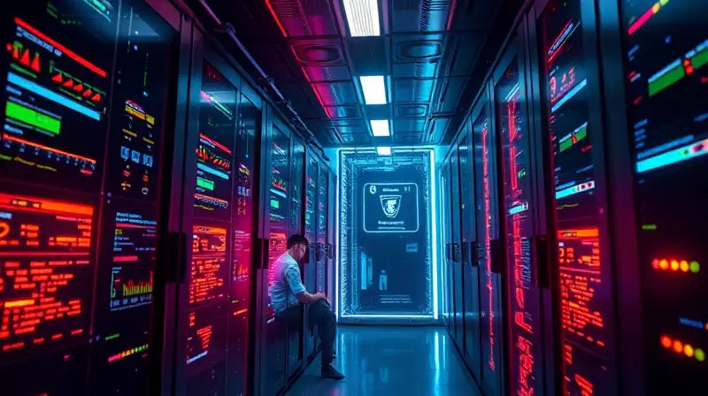 Sala futurista con coder y tecnología vibrante
