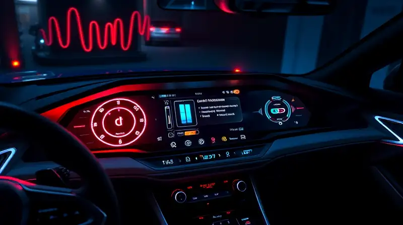 Tablero futurista con luces y controles digitales
