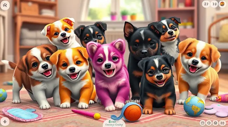 Cachorros híbridos juegan alegremente en interior