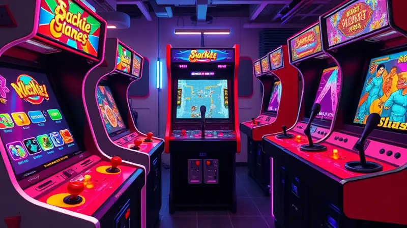 Arcades retro y consolas modernas vibrantes