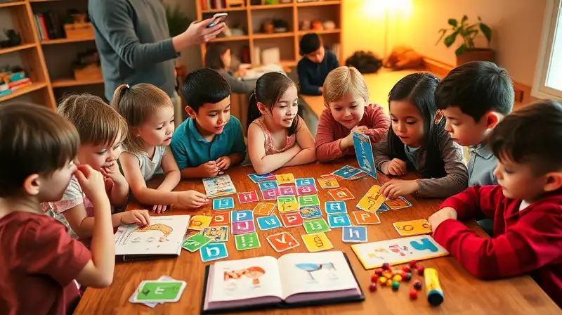 Niños aprendiendo con juegos y libros coloridos