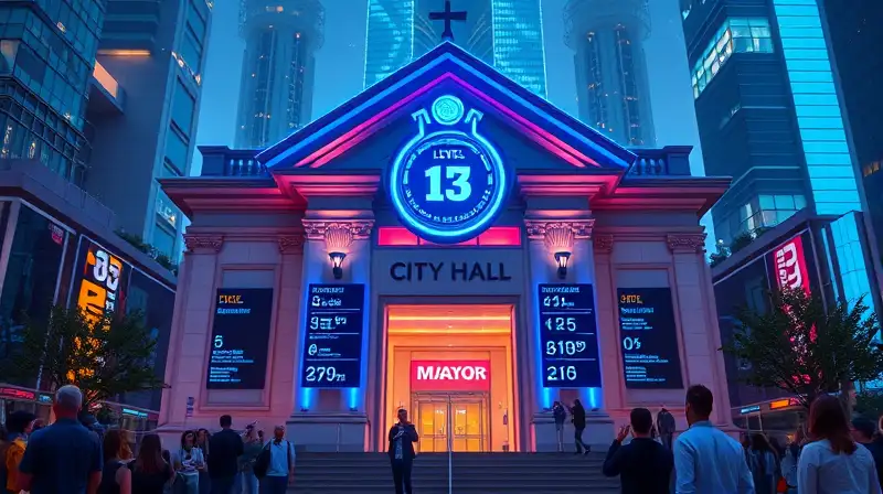 Edificio futurista con alcalde y hologramas