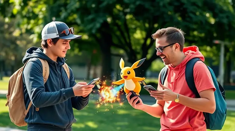 Dos entrenadores intercambian Pokémon en parque