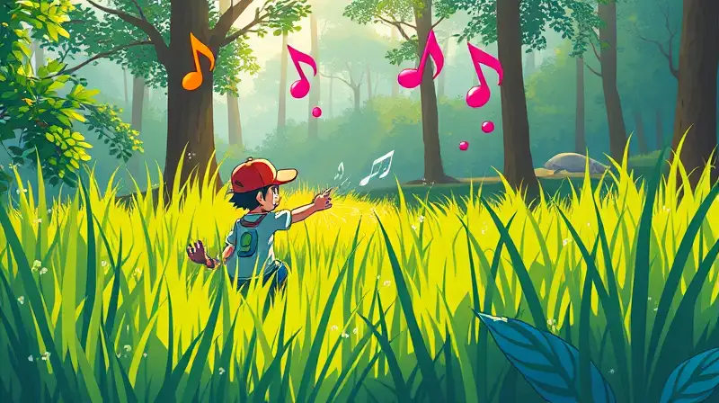 Personaje Pokémon captura criatura en bosque pixelado