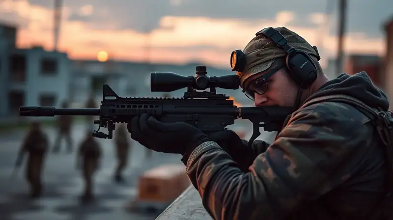 Jugador táctico con rifle en combate urbano