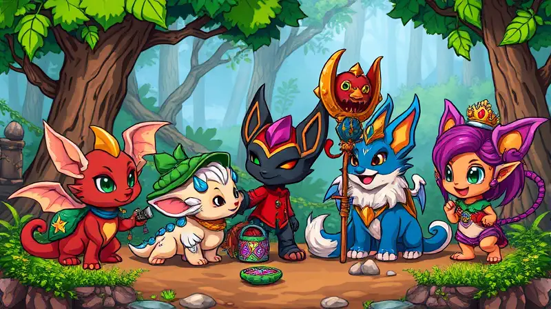 Mascotas fantásticas en colorido entorno pixelado
