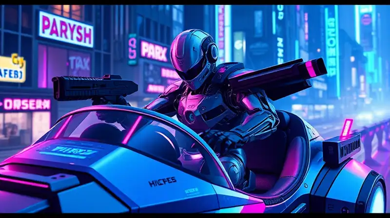 Robot futurista conduce en ciudad cyberpunk