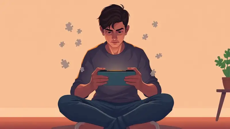 Gamer concentrado con consola en ambiente cálido