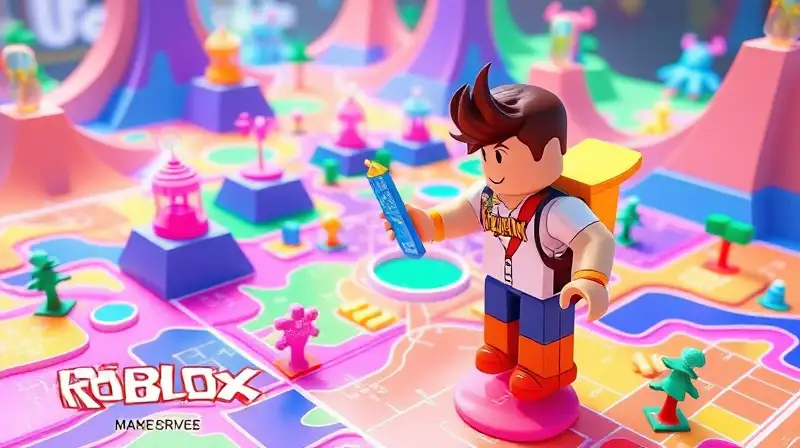 Personaje de Roblox resolviendo mapa colorido