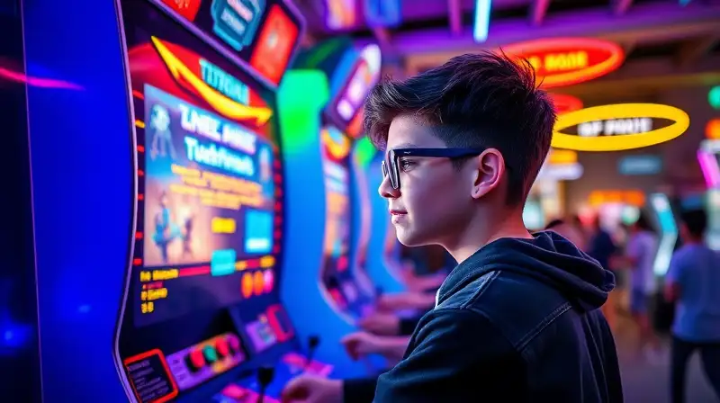 Joven juega arcade en ambiente retrofuturista
