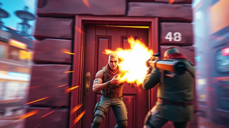 Personaje de Fortnite editando puerta bajo fuego