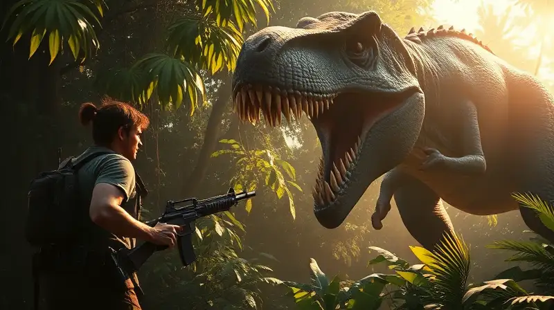 Jugador alerta frente a dinosaurio amenazante