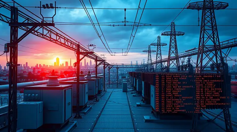 Subestación eléctrica futurista con código y ciudad