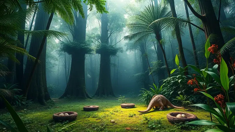Selva tropical con nidos y huevos dinosaurio