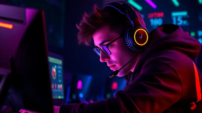 Jugador de esports concentrado en habitación futurista