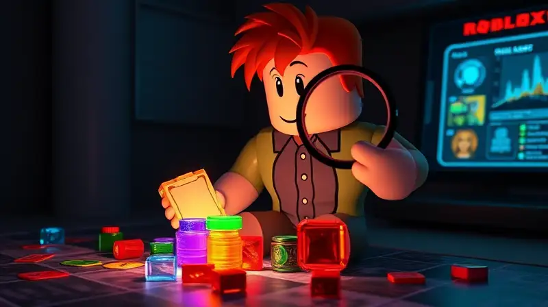 Personaje de Roblox inspecciona pistas brillantes