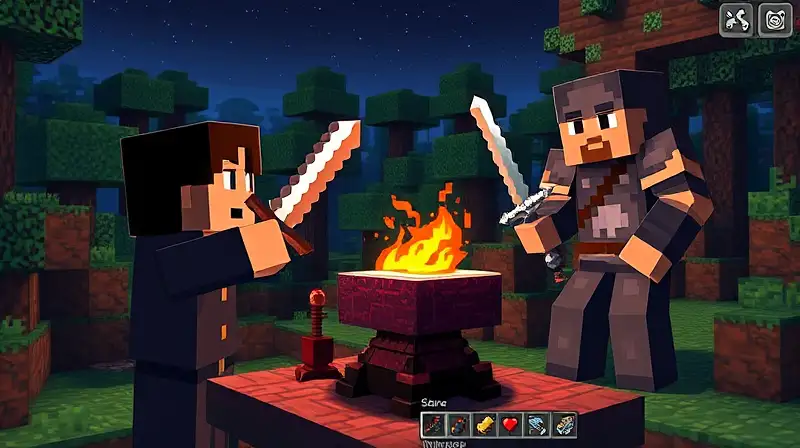 Personaje de Minecraft forjando armas y armadura