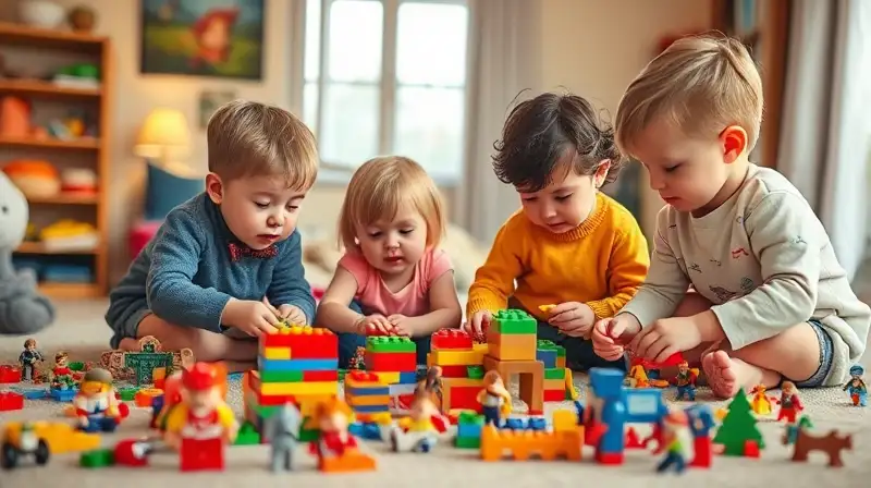 Niños creativos jugando con bloques y figuras