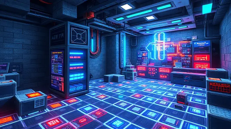 Mundo Minecraft con almacenamiento futurista y holográfico