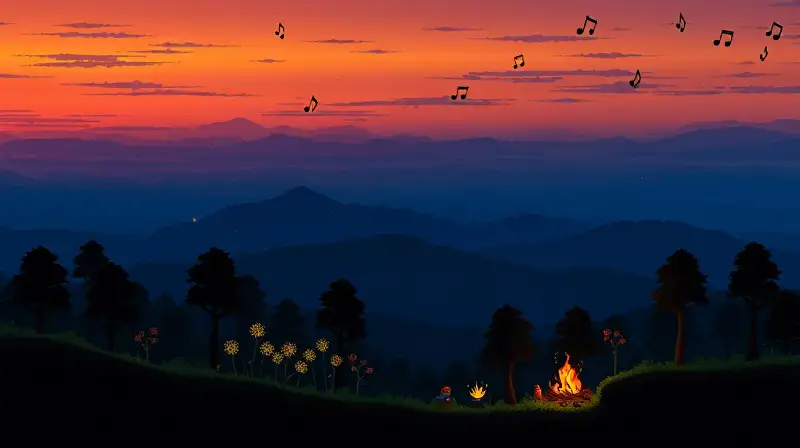 Paisaje Terraria al atardecer con brillo