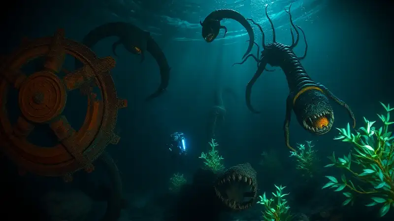 Escena submarina oscura con monstruos amenazantes