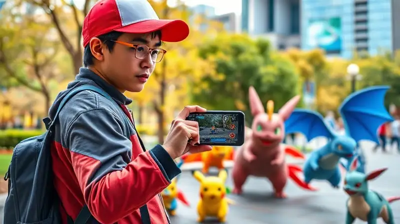 Entrenador Pokémon en parque urbano vibrante