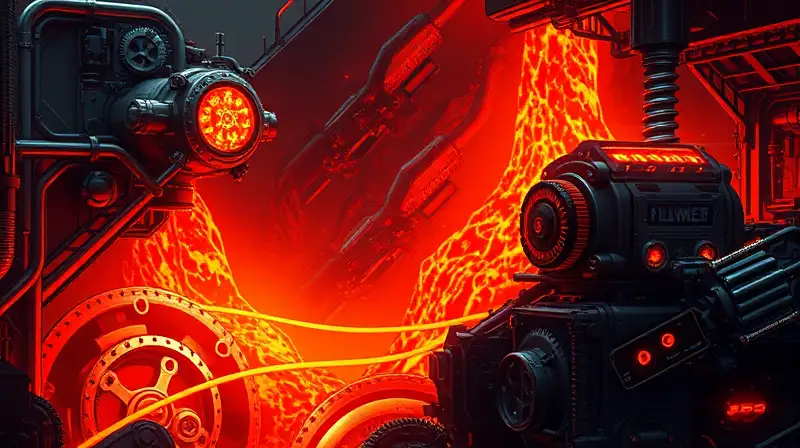 Máquinas futuristas iluminan un fondo ígneo