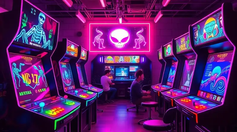 Máquinas arcade retro con luces neón