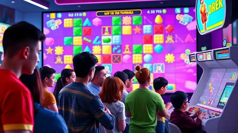 Juego arcade colorido con jugadores atentos
