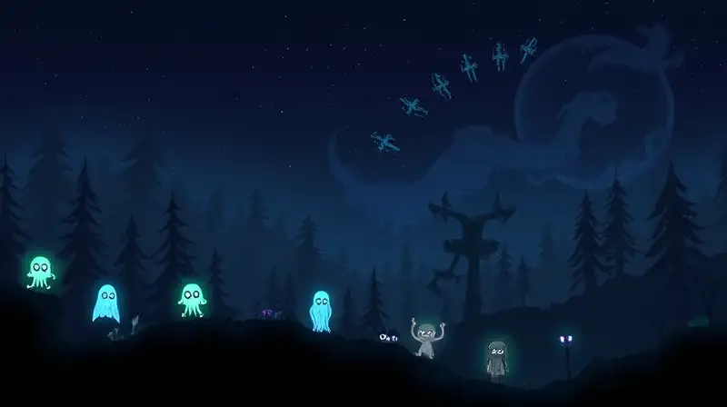 Paisaje nocturno de Terraria con criaturas espectrales