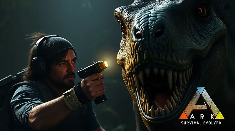 Jugador doma dinosaurio en jungla peligrosa