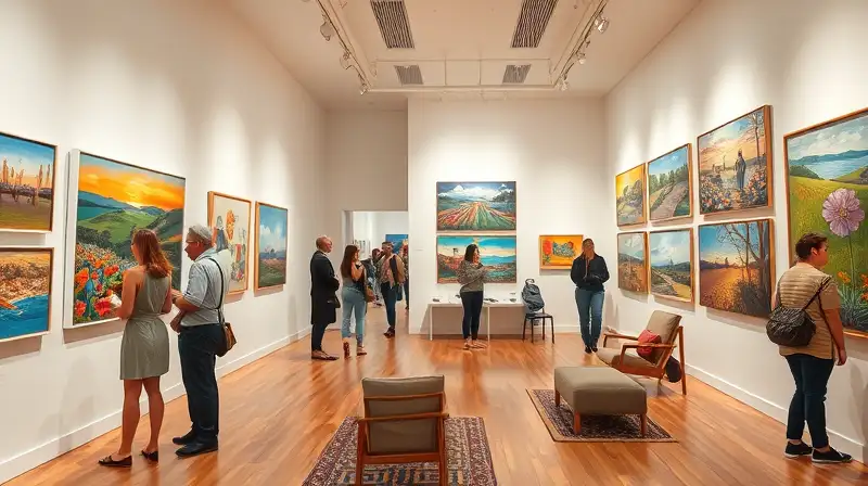 Galería moderna con arte vibrante y minimalista