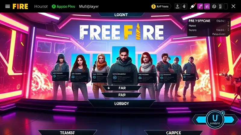 Interfaz futurista vibrante para lobby Free Fire