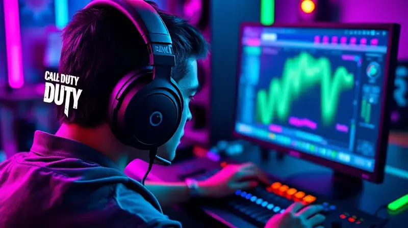 Gamer editando sonido en setup futurista