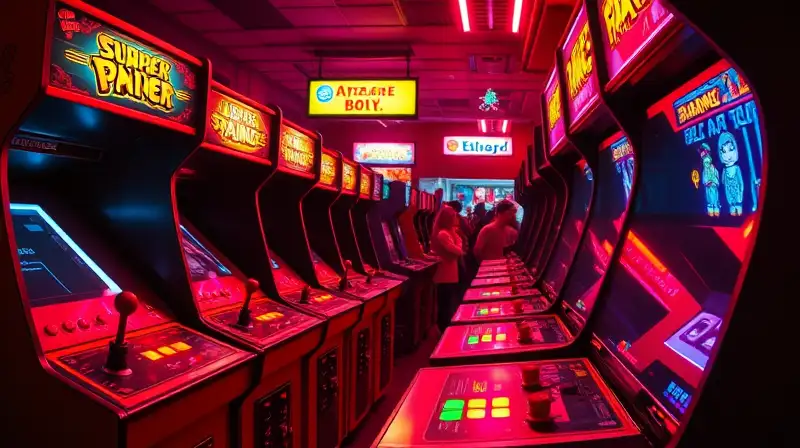 Máquinas arcade clásicas con luces neon