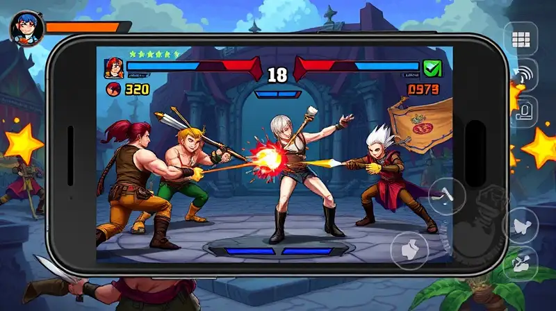 Combate 2D intenso en juego retro móvil