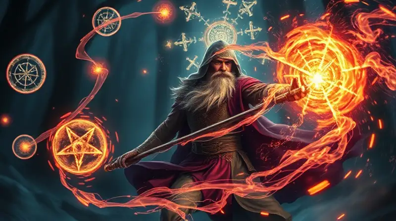 Mago poderoso lanzando hechizos en bosque oscuro
