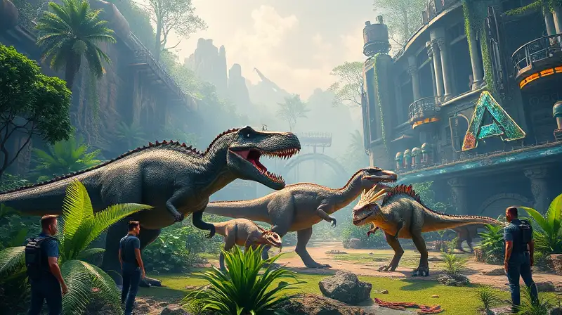 Paleojungla futurista con dinosaurios y tecnología