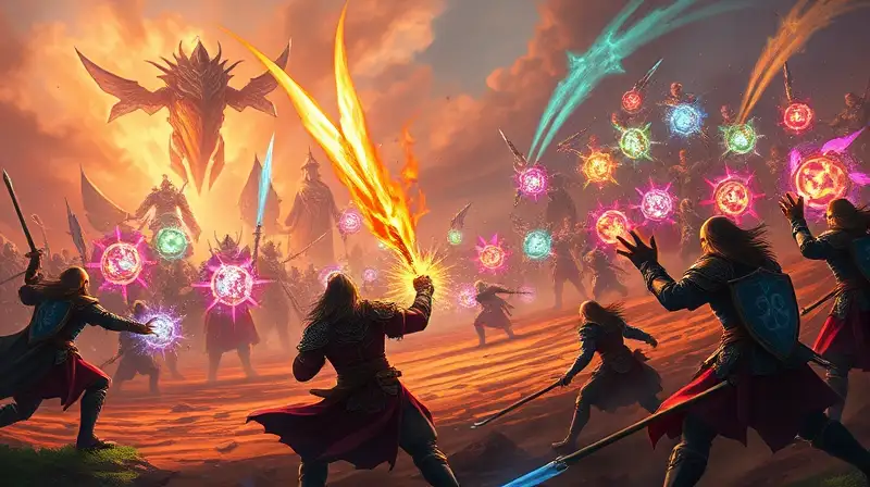 Batalla fantástica con magia y guerreros
