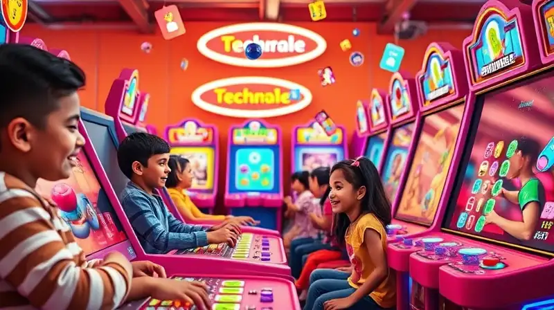 Niños diversos aprenden jugando en arcade