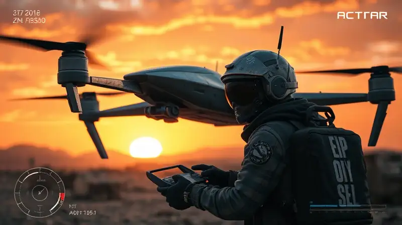 Piloto futurista controla UAV en paisaje post-apocalíptico