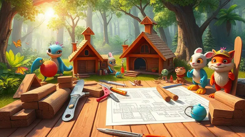Herramientas, materiales y criaturas coloridas en bosque