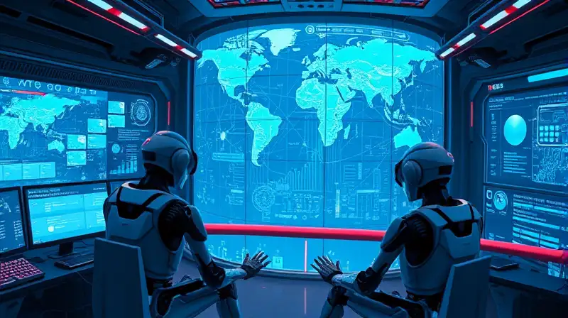 Sala futurista con robots y mapas holográficos